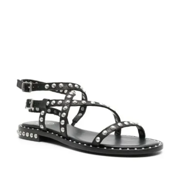 ASH Petra Silver Studded Sandals in Black Leather Size 7 EU 38 Brand New NIB NWT - Picture 3 of 5